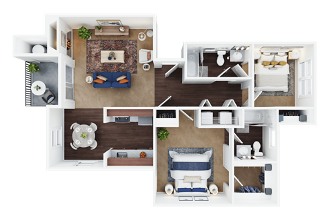 A top-down view of a house layout with multiple rooms and furniture.